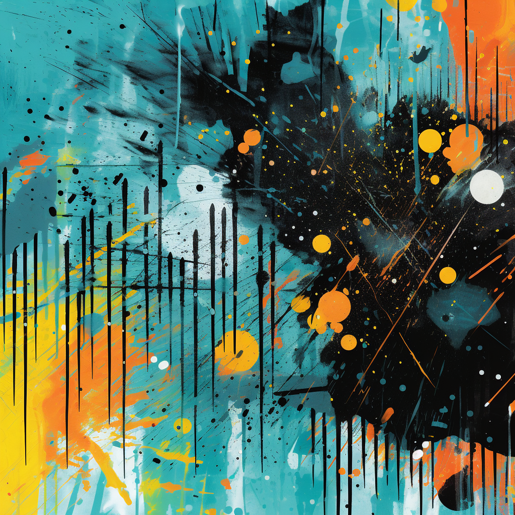 Colorful ink splatter with geometric shapes and halftone patterns.