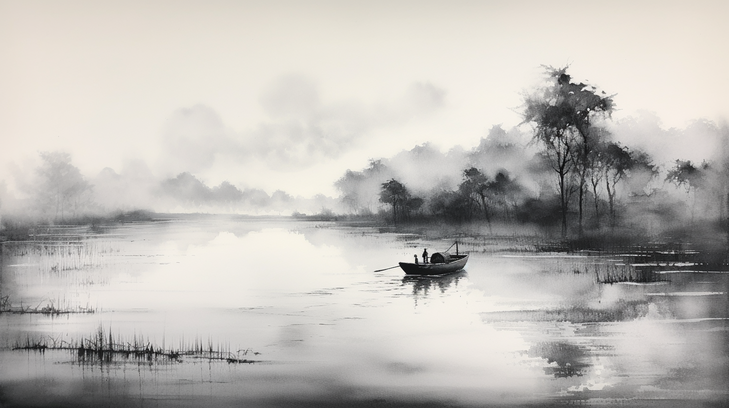 Dense fog river boat painting