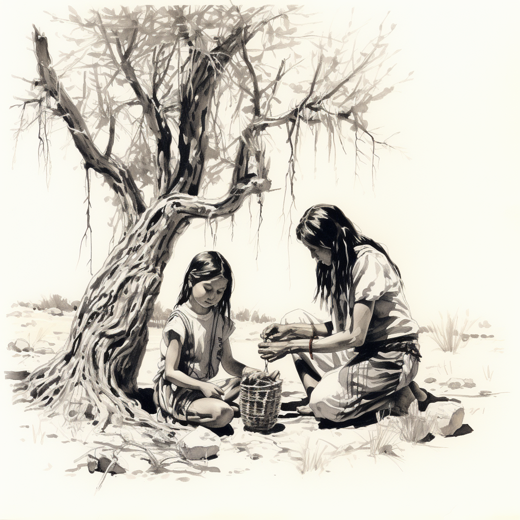 Native American woman and children collecting mesquite