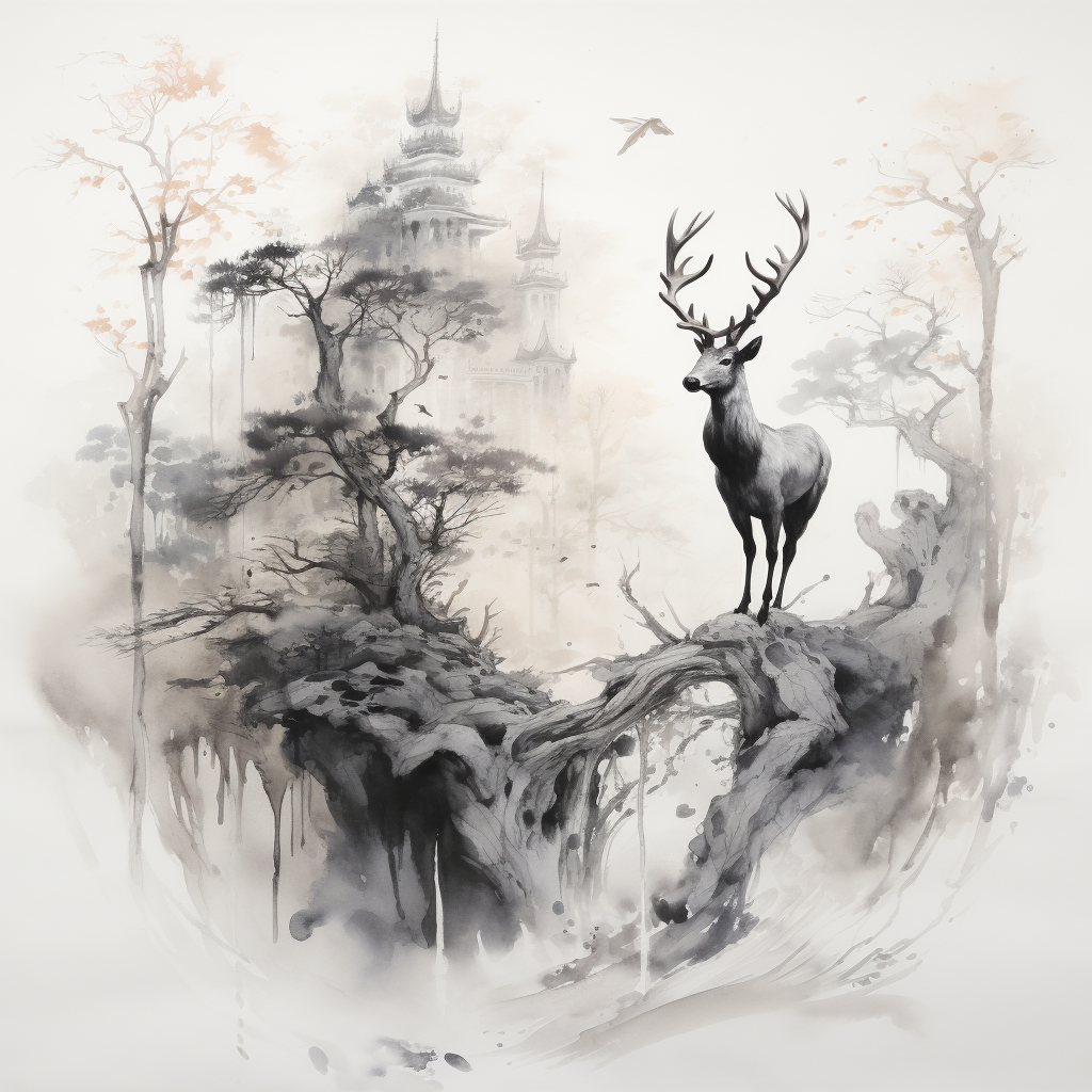 Enigmatic forest creatures in traditional Chinese ink and paper