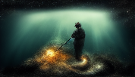 Writer fishing in cosmic ocean