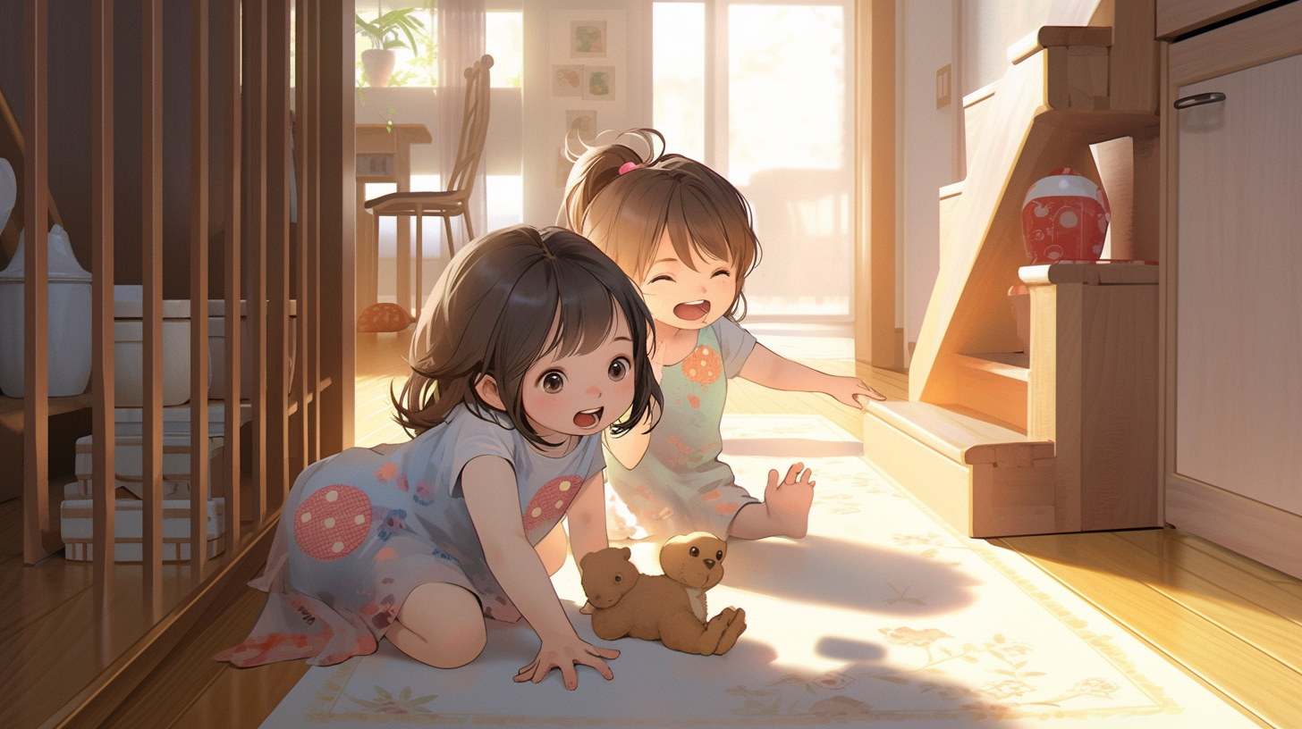 Two kids happily playing on the floor