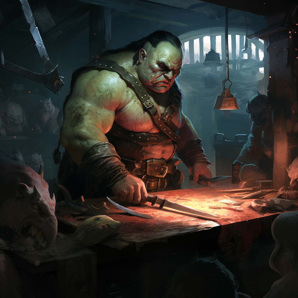 Half orc butcher assassin cutting meat