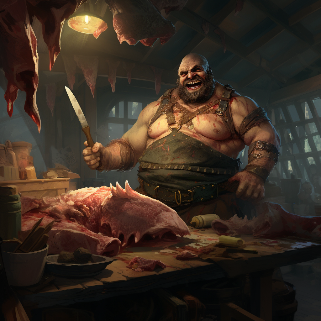 Insane fat half-orc butcher in warehouse