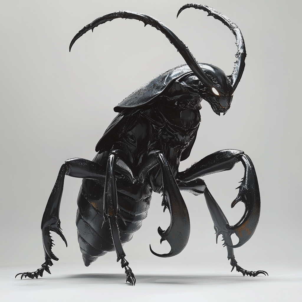 Large insect creature with mantis legs and beetle pincers