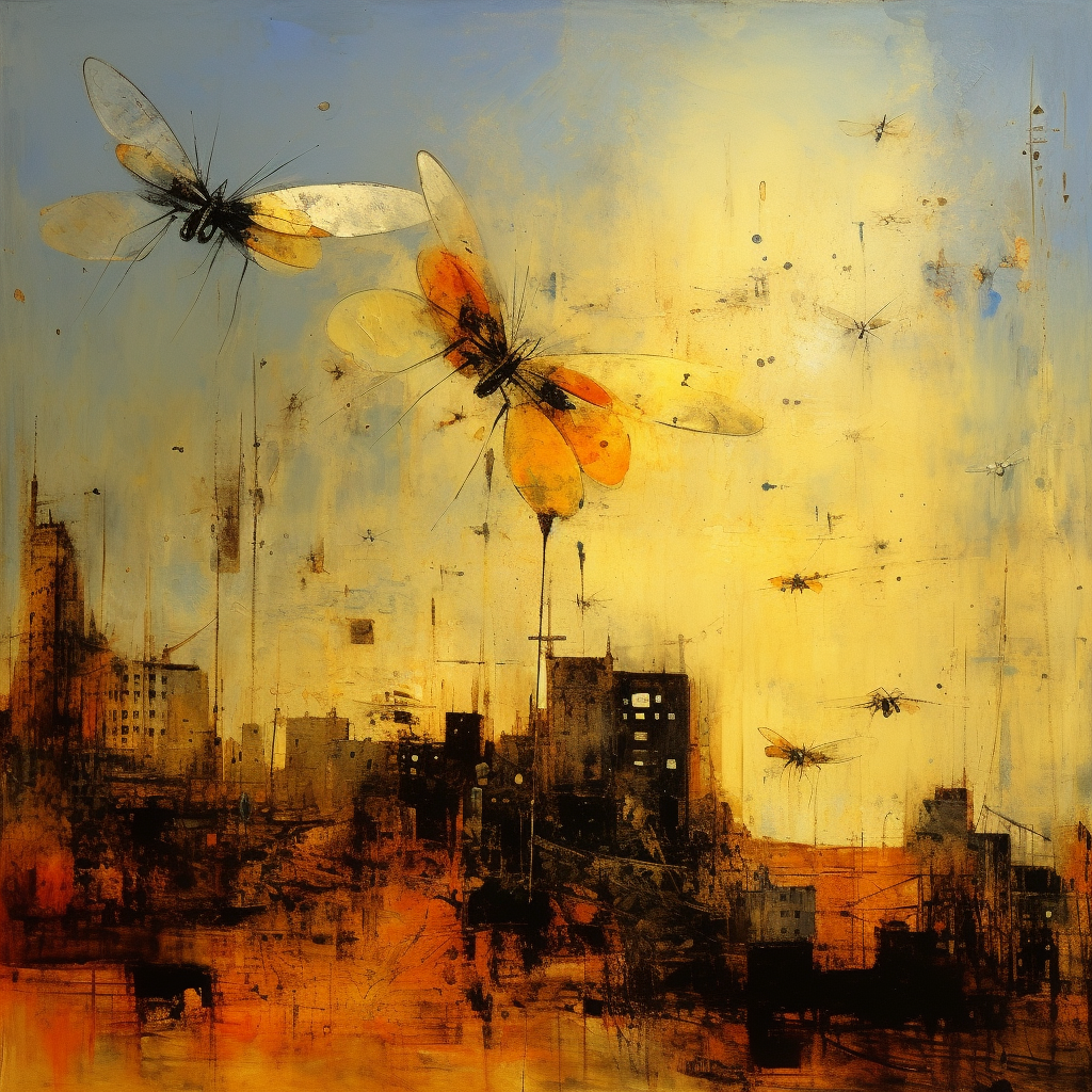 Flying insects in desolate city