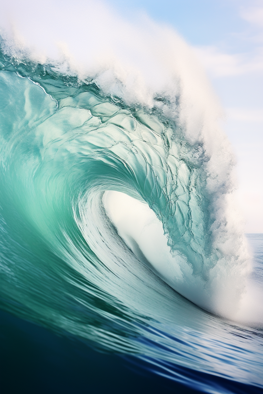 Hyperrealistic photograph of inside wave crests