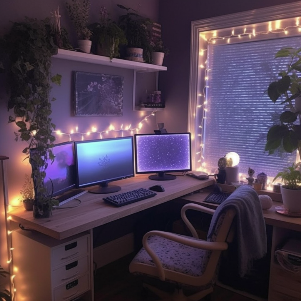 Lavender colored gaming computer room with fairy lights