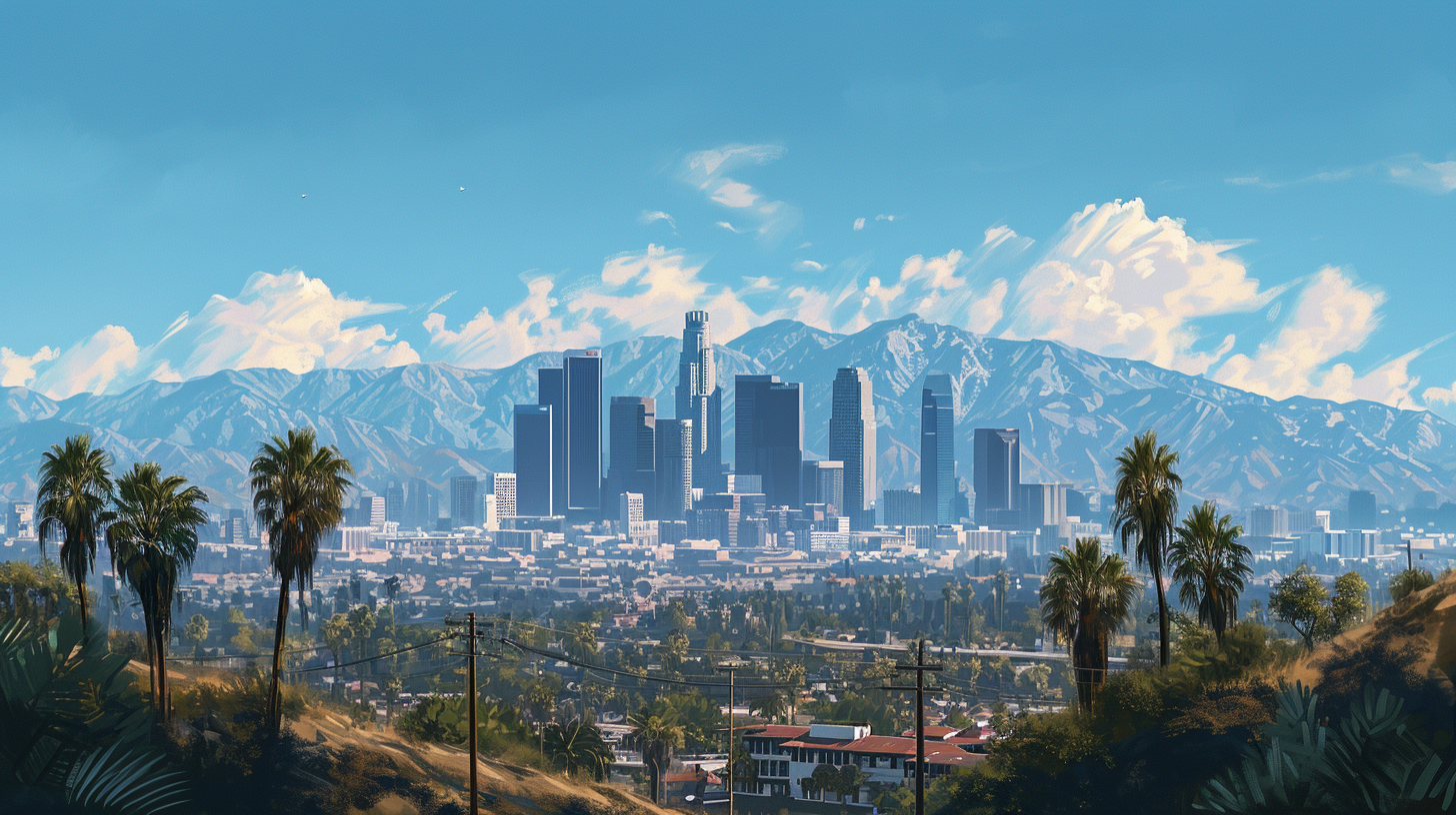 Los Angeles skyline with palm trees and mountains