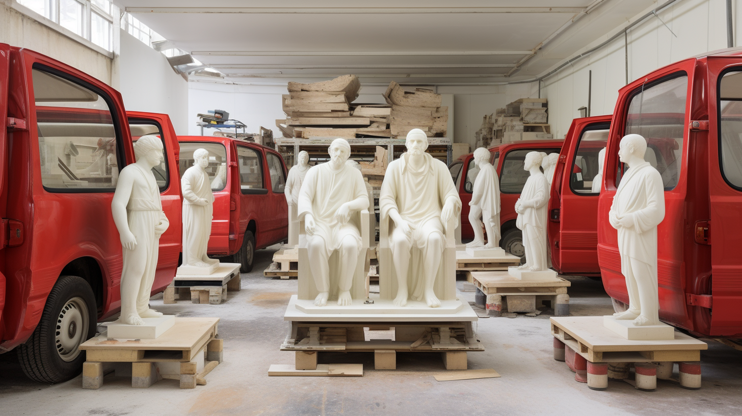 Italian marble statues with Ferrari's mini van prototype