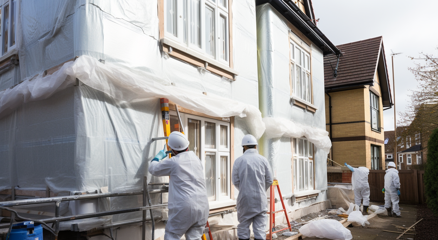 Workers doing exterior insulation on house