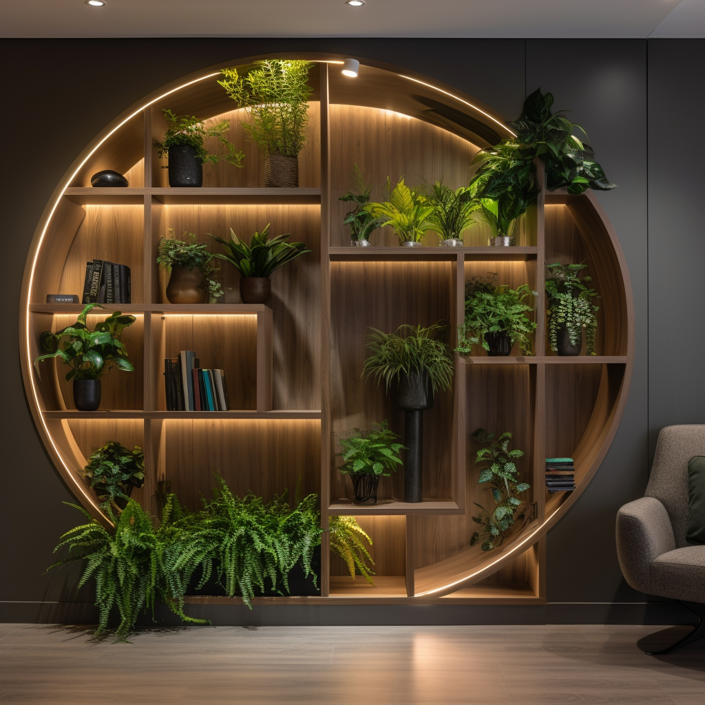 Integrating circle display box with shelves and plants