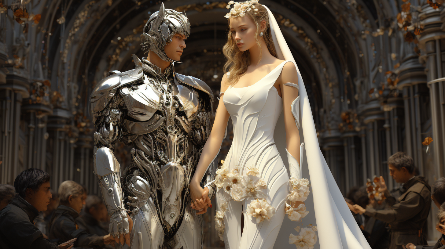 Futuristic glamour wedding with intelligent human and robotic partner