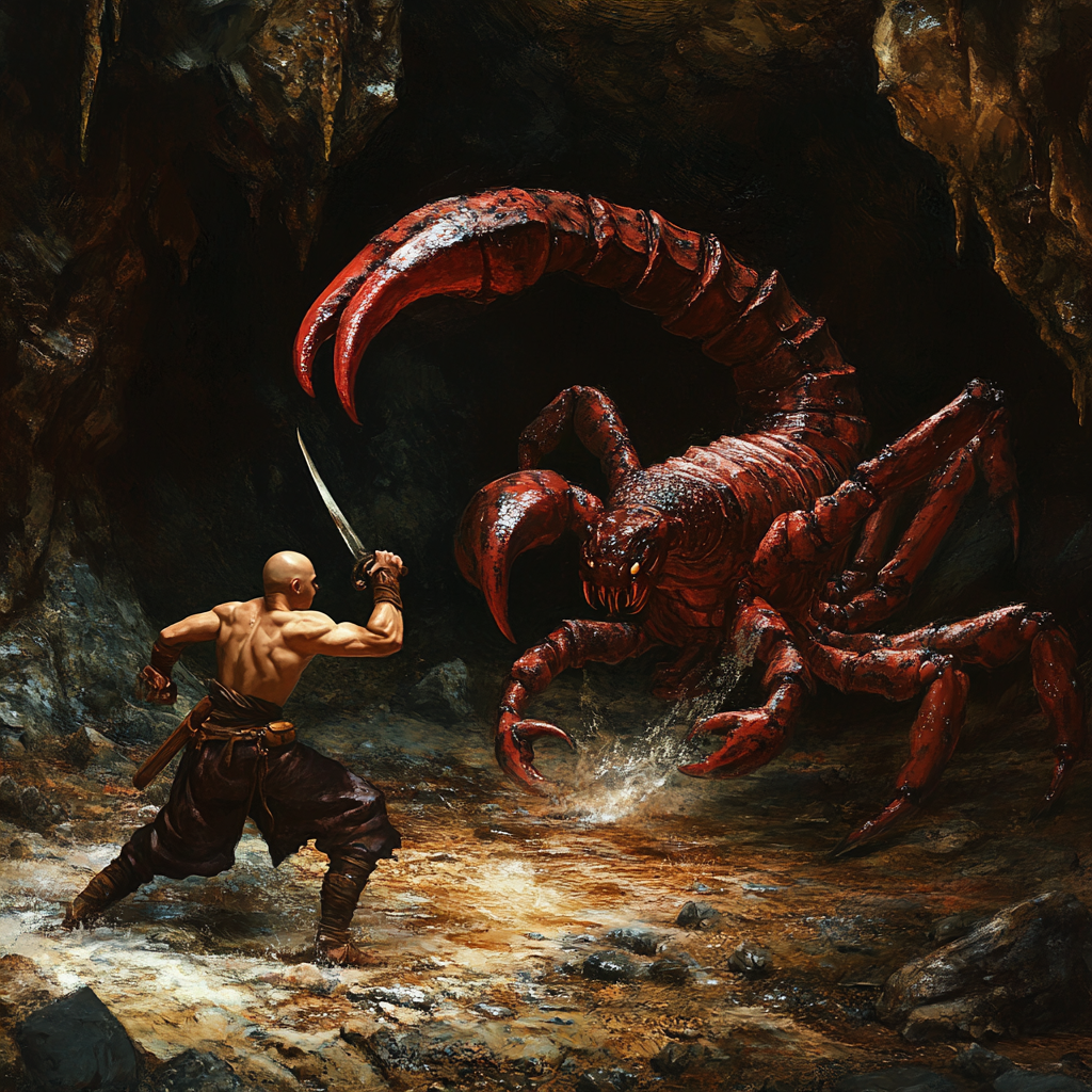 monk fighting giant scorpion cave