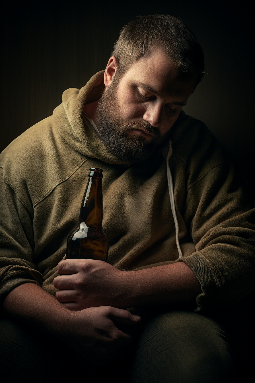 Man passionately hugging beer bottle