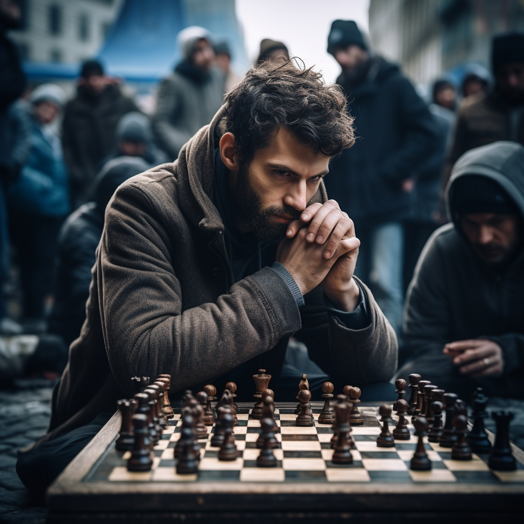 Man focused on intense chess match