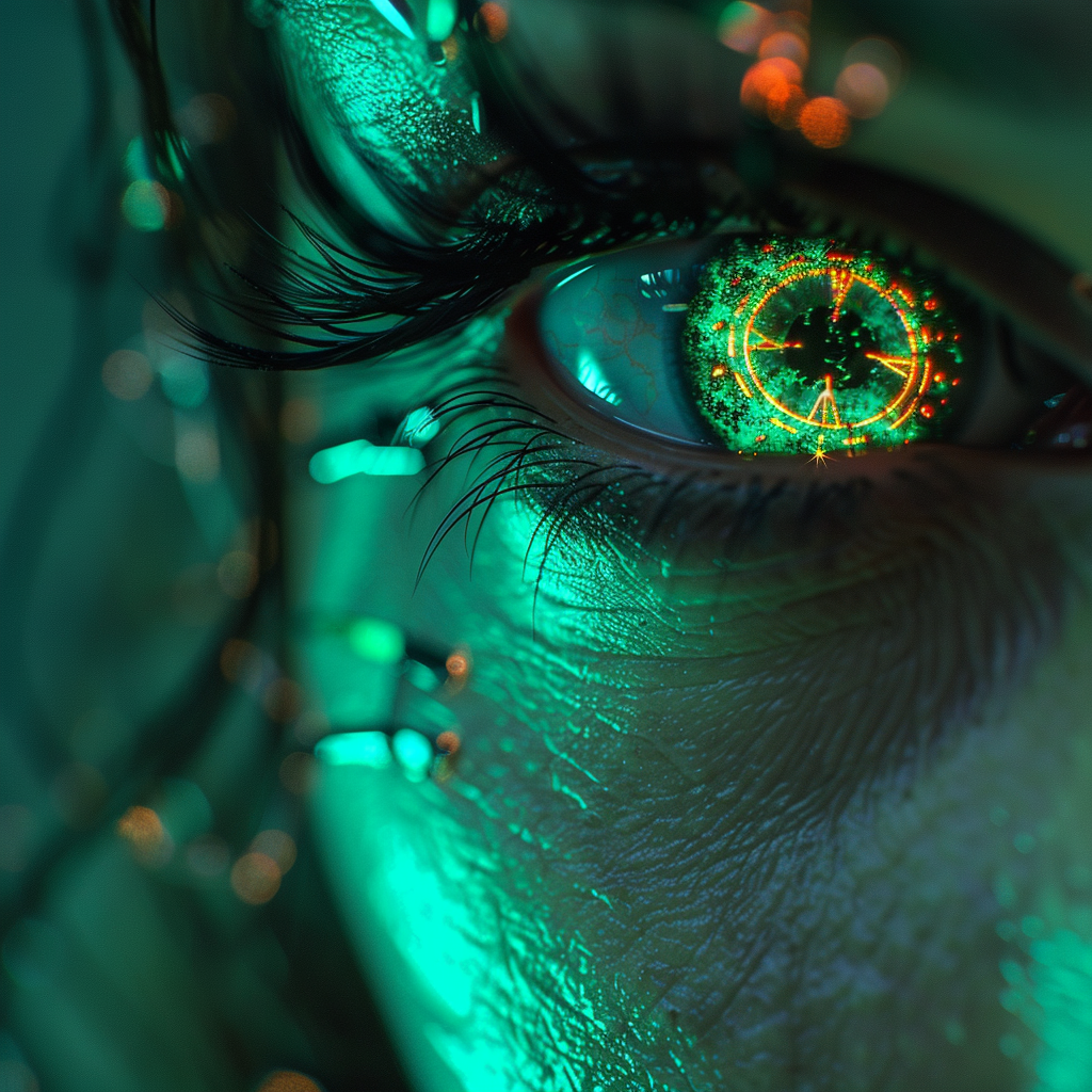 Intense cyborg female green eye