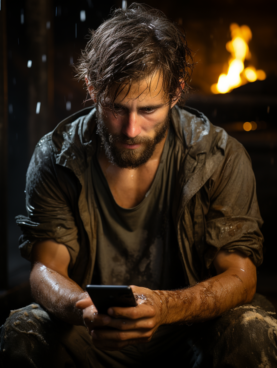 Sweating man using iPhone in intense action movie scene