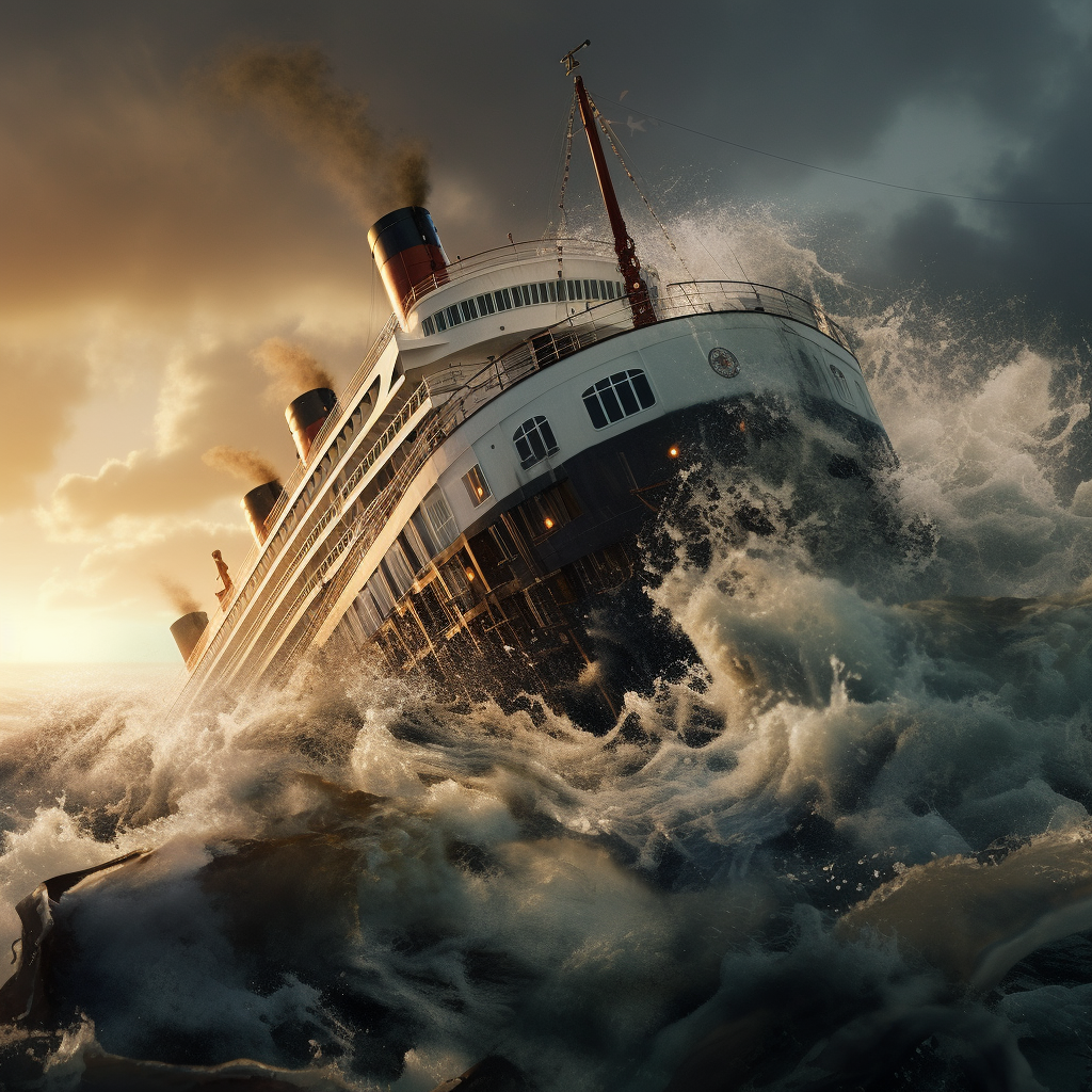 Antique cruise liner rocking violently in raging seas