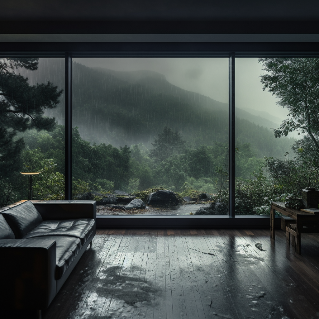 Rainstorm in mountains through window