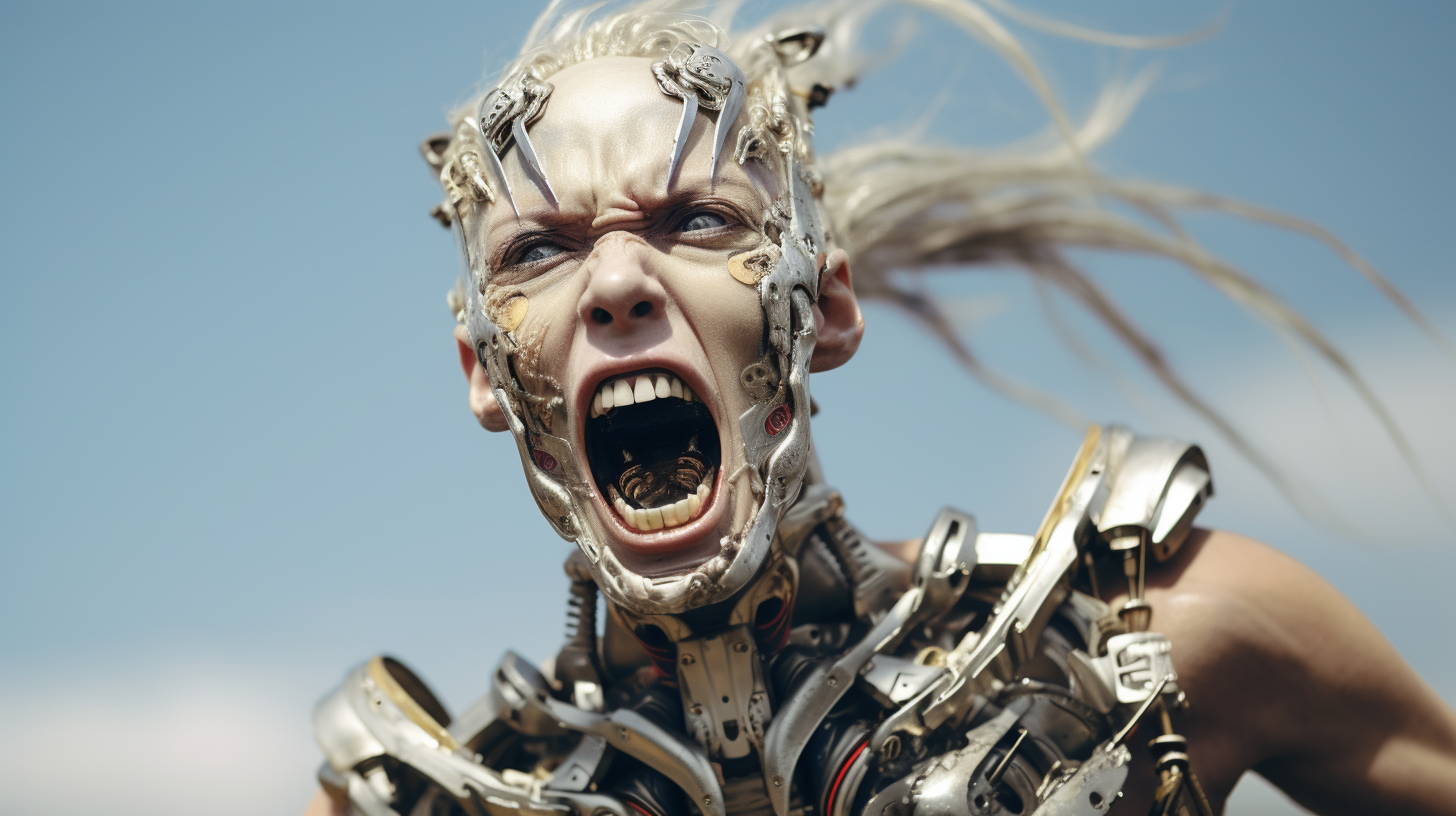 Powerful female cyborg warrior screaming fiercely