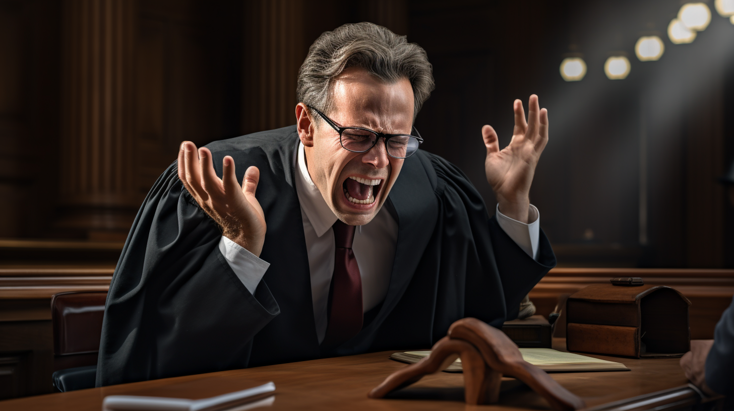 Male lawyer pleading with stern judge in courtroom