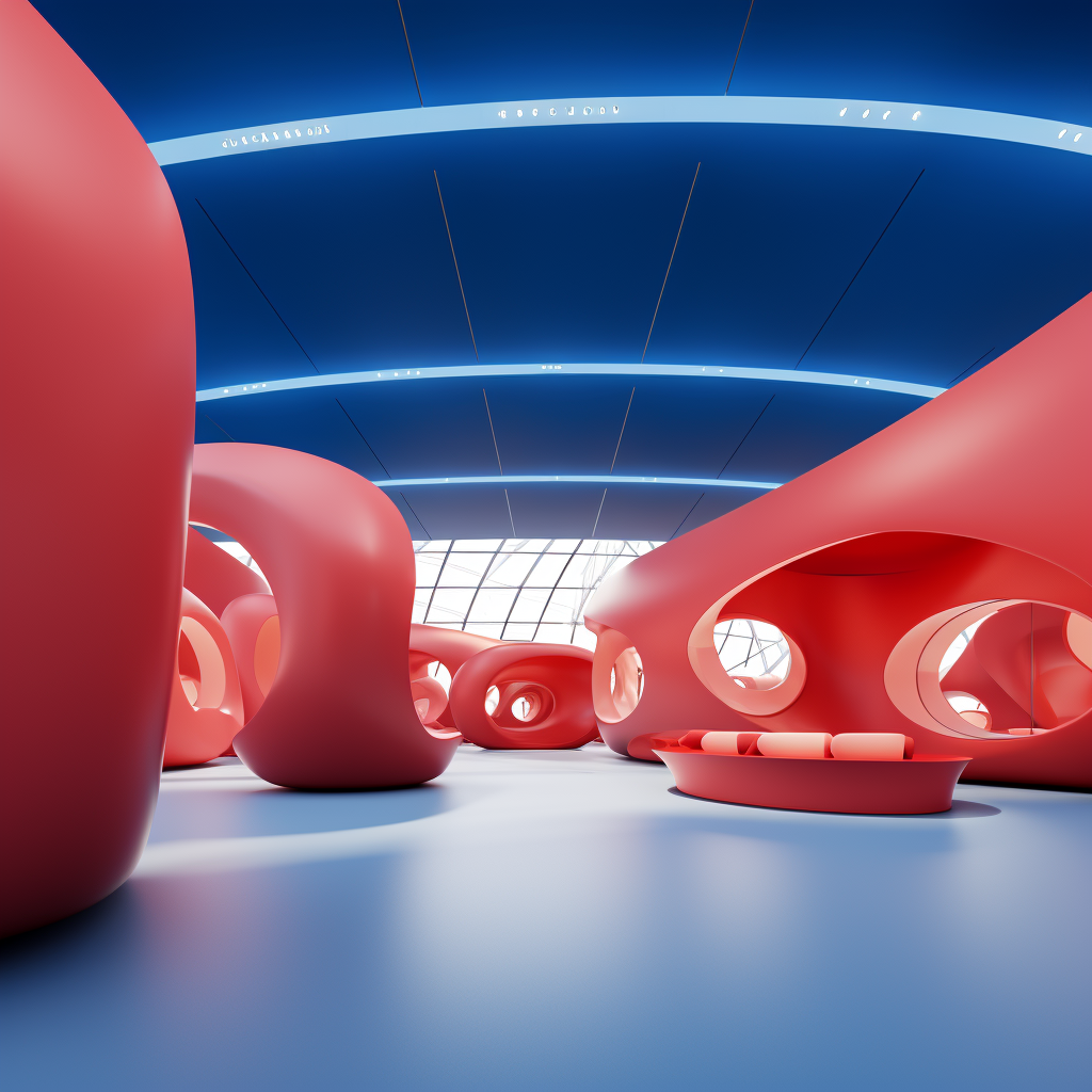 Interactive exhibition room in blue and red