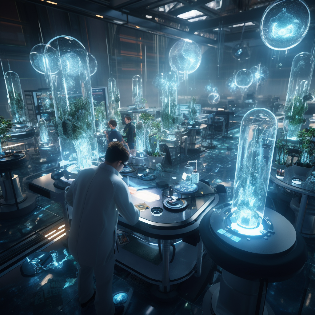 Scientific interdimensional technology in busy lab concept