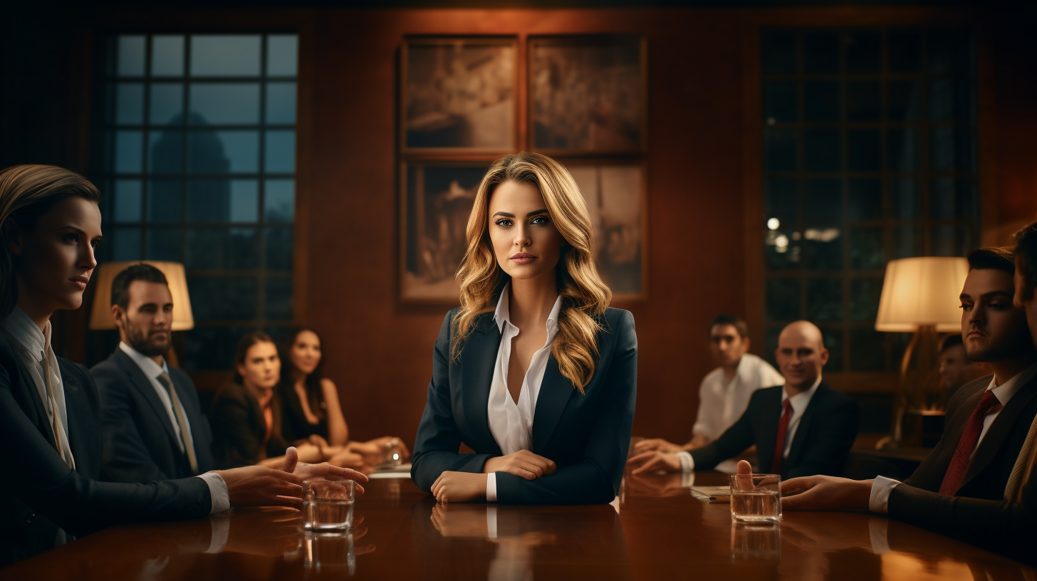 Woman giving powerful presentation in luxury boardroom