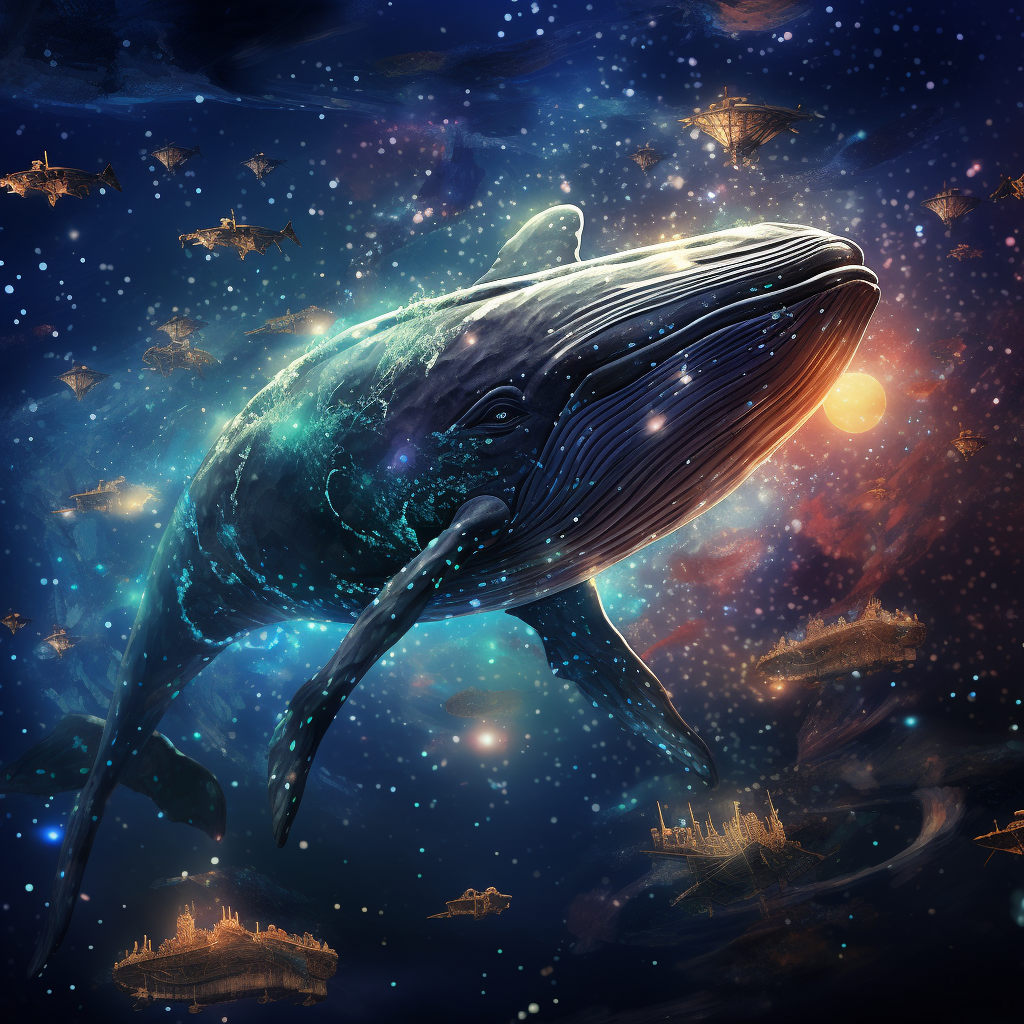 Intergalactic Whale with Asteroid Tail in Colorful Stars