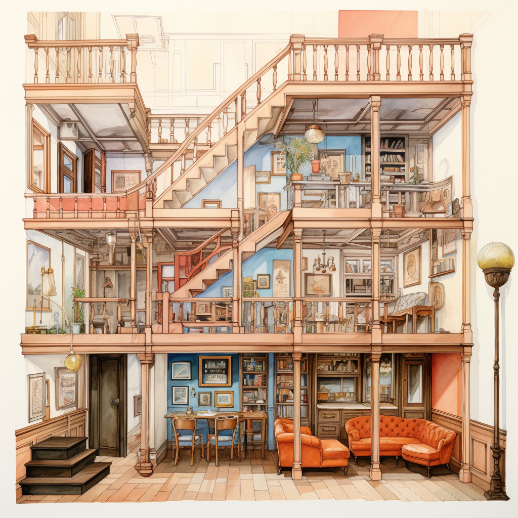 Colorful interior design sketch of a townhome