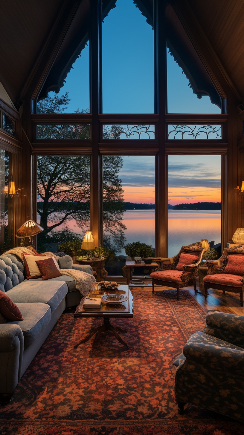 Spacious sitting room in lake house with autumn view