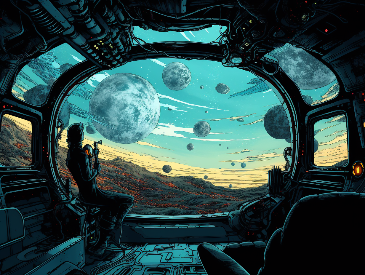 Astronaut gazing out of spaceship window