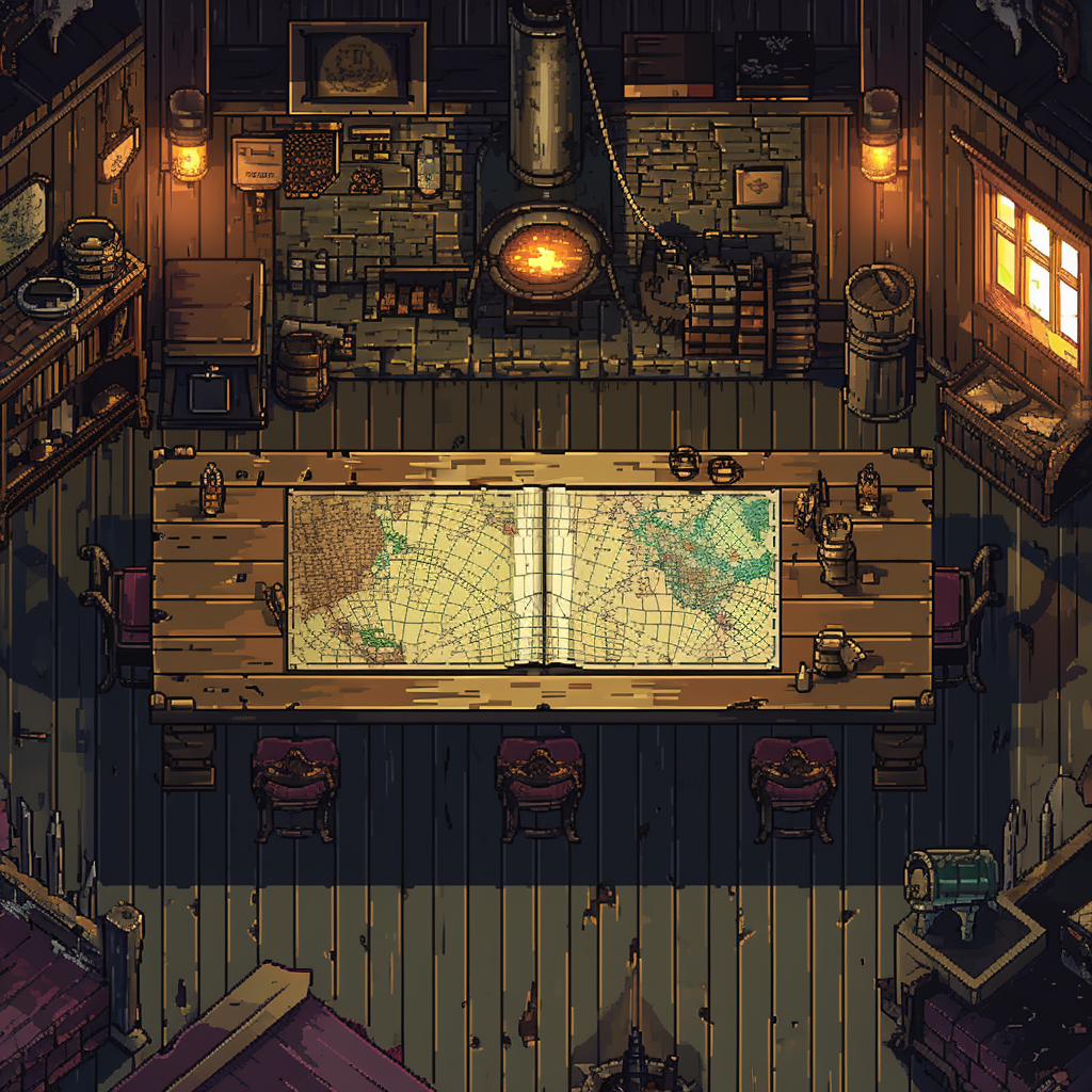 Warhammer-style tavern with wooden table and map