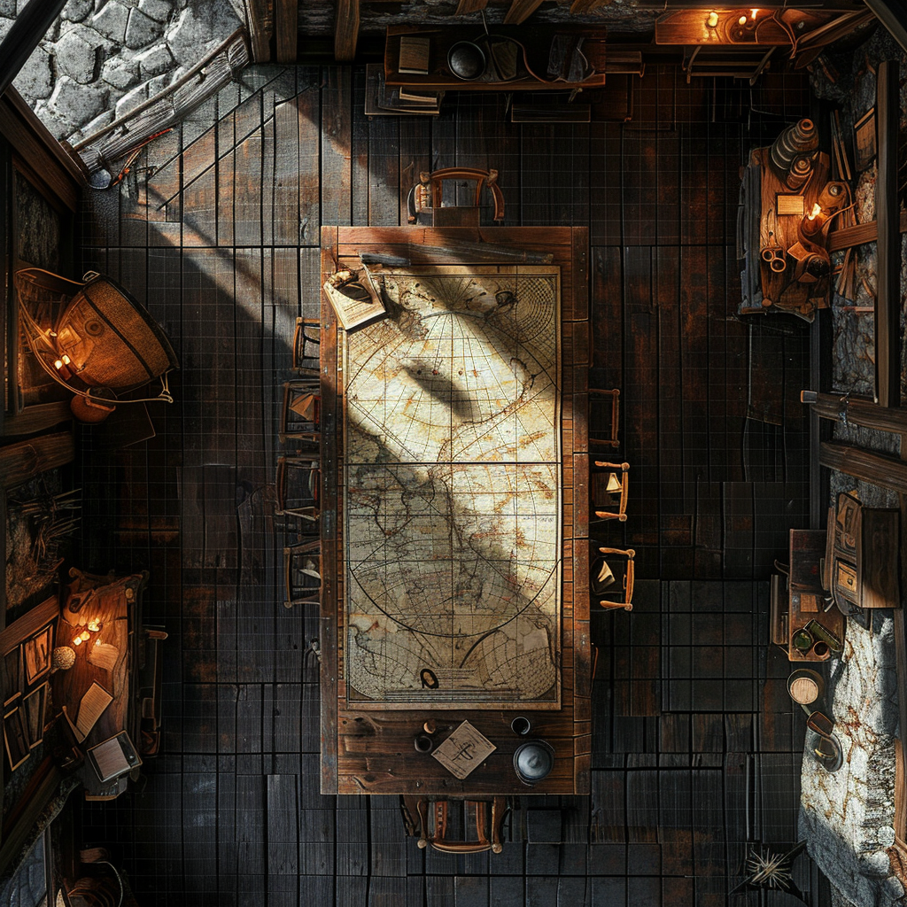 A map on a wooden table in a warhammer style tavern