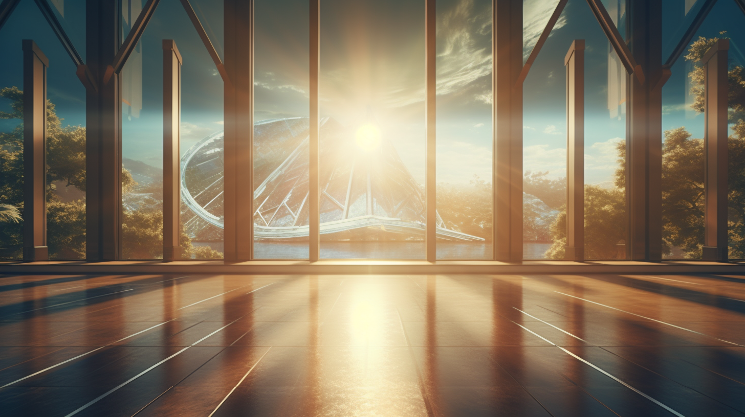 Beautiful view through large windows in sci-fi interior