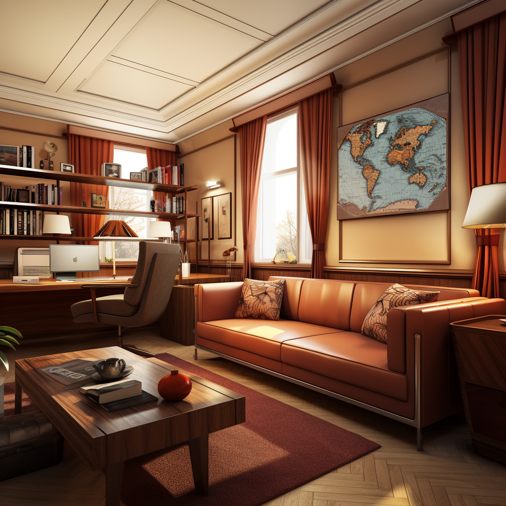 Interior Design with Sofa, Table, and Computer
