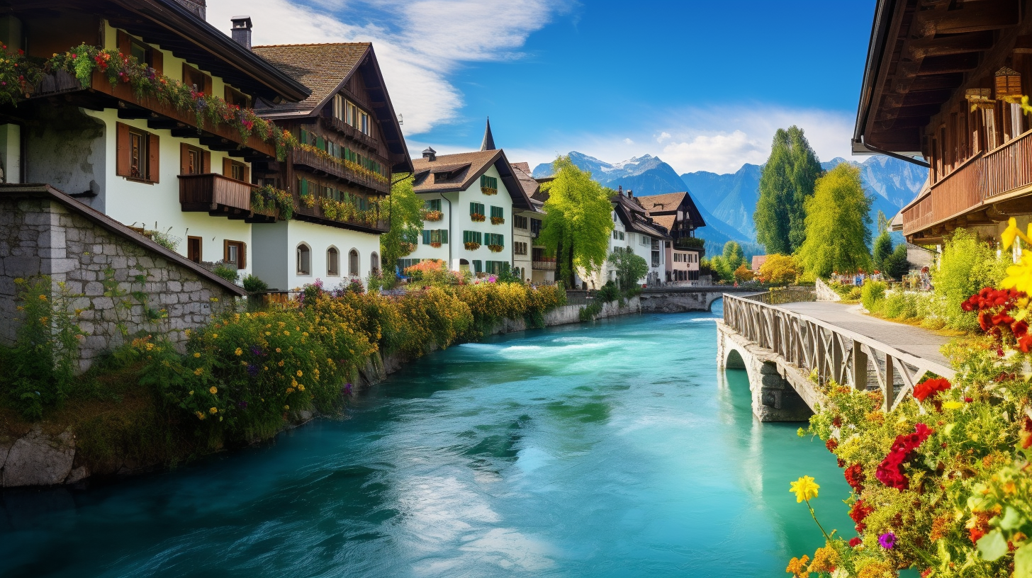 Scenic view of turquoise river and traditional Swiss houses