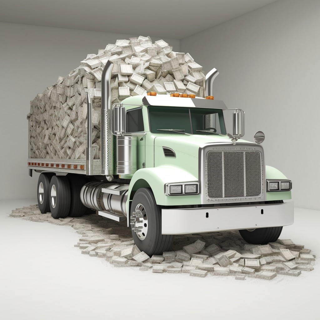 International brand dumptruck hauling stacks of dollar bills