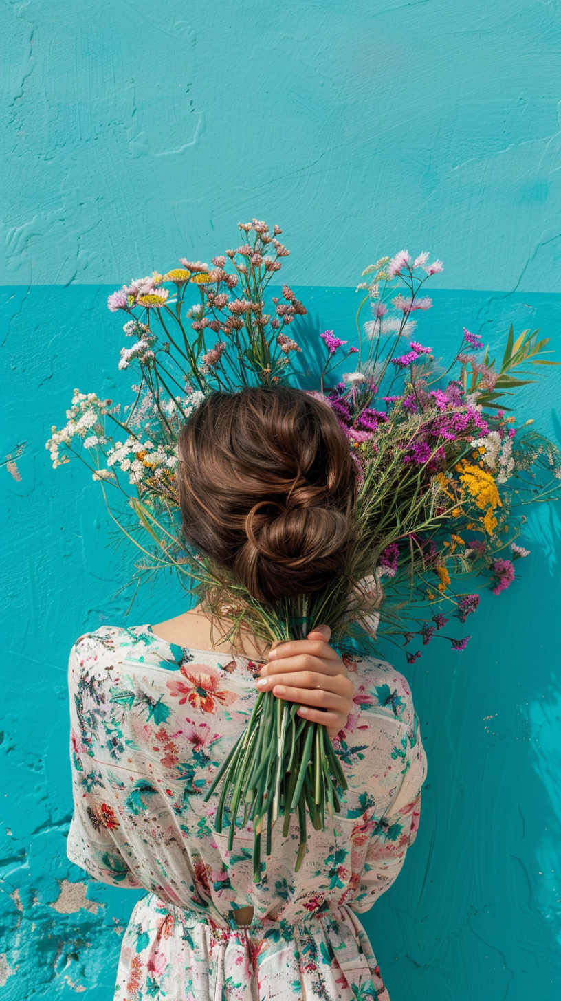 Woman hugging bouquet on turquoise background