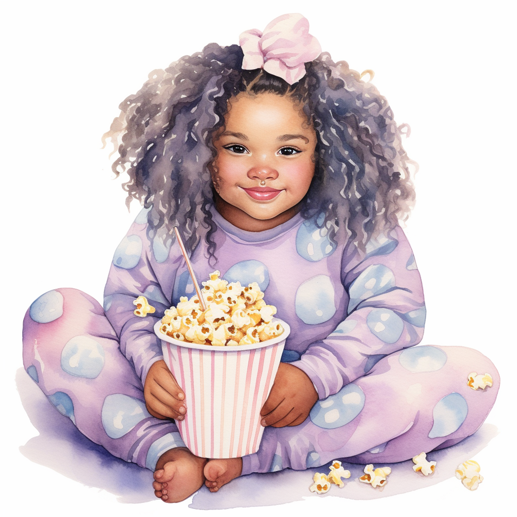 Watercolor illustration of an interracial chubby girl in pajamas with popcorn