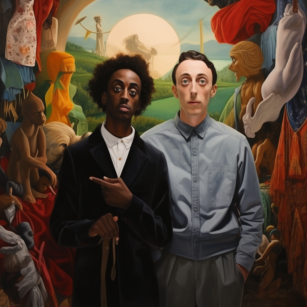 Interracial gay couple standing together in surrealistic dream