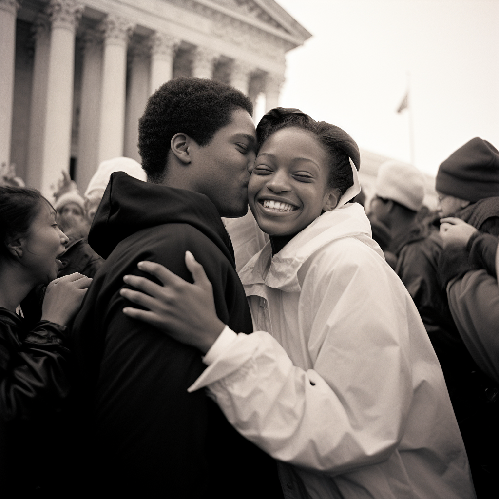 African American woman and white man in warm embrace