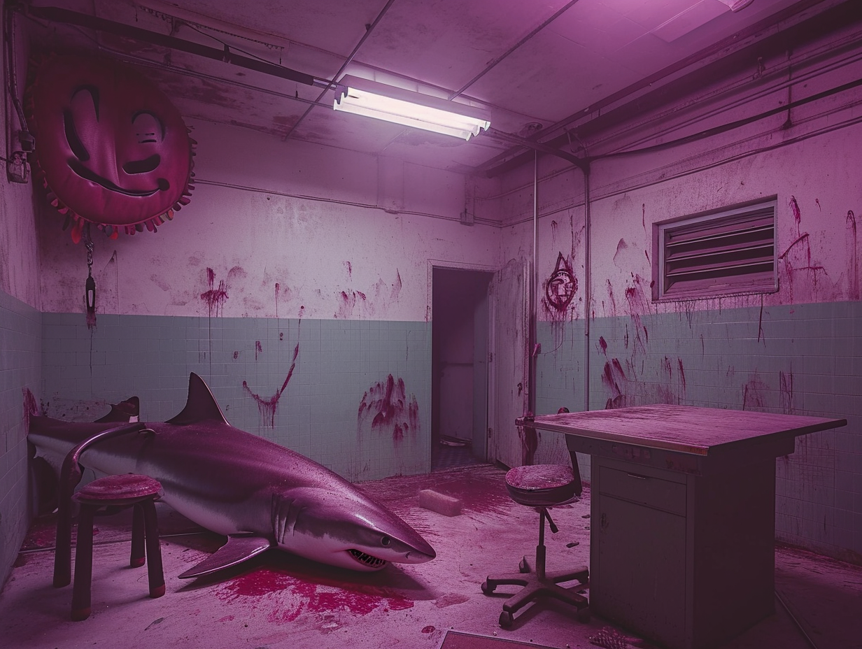 Shark and clown in interrogation room