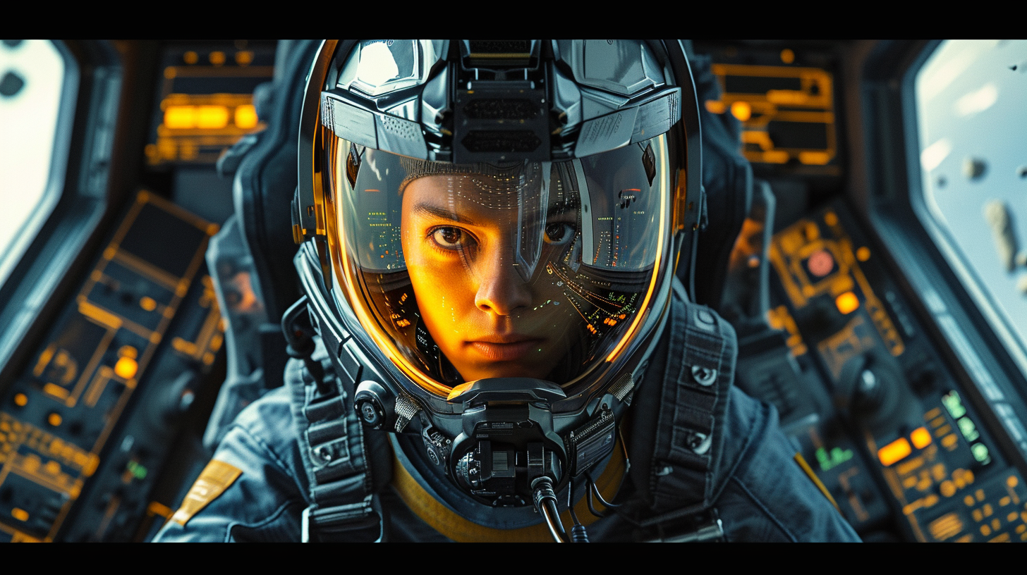 Interstellar pilot with unzipped space helmet