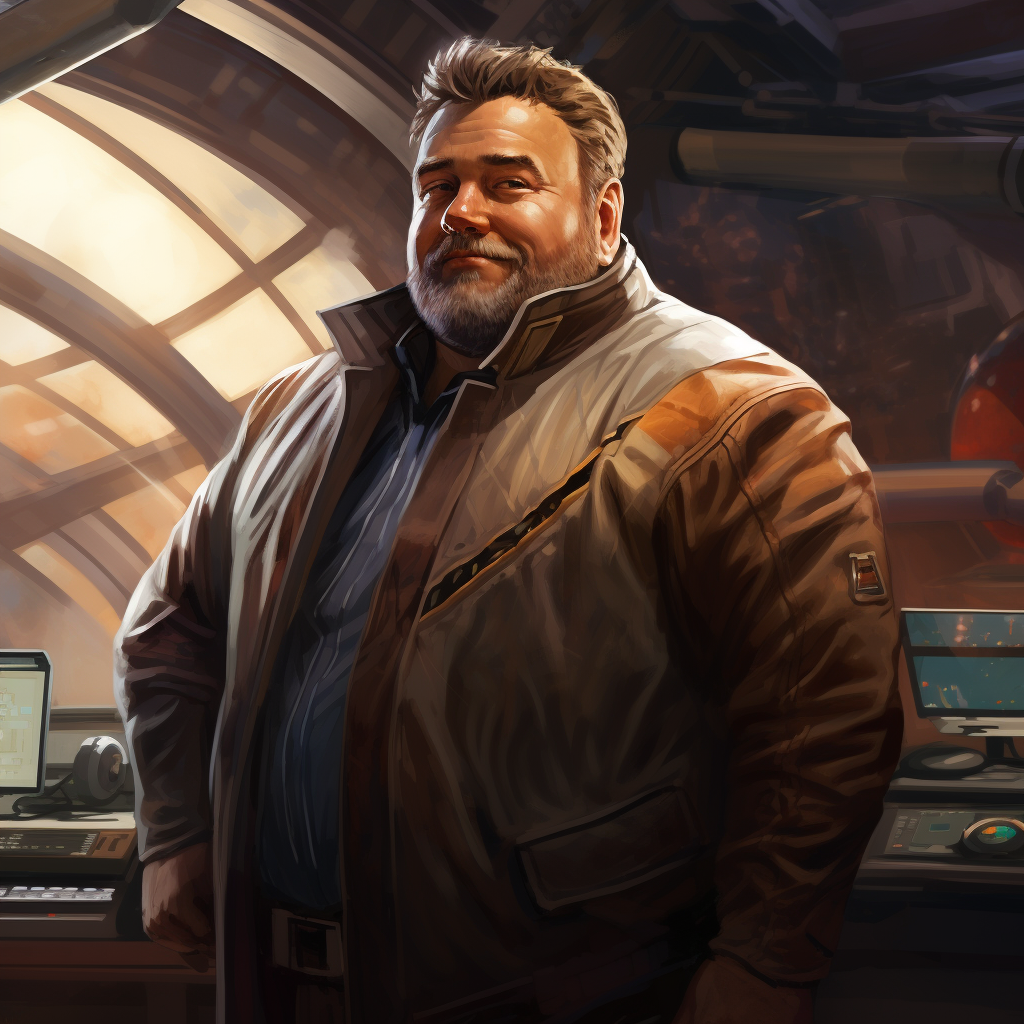 Middle-aged overweight interstellar trader portrait