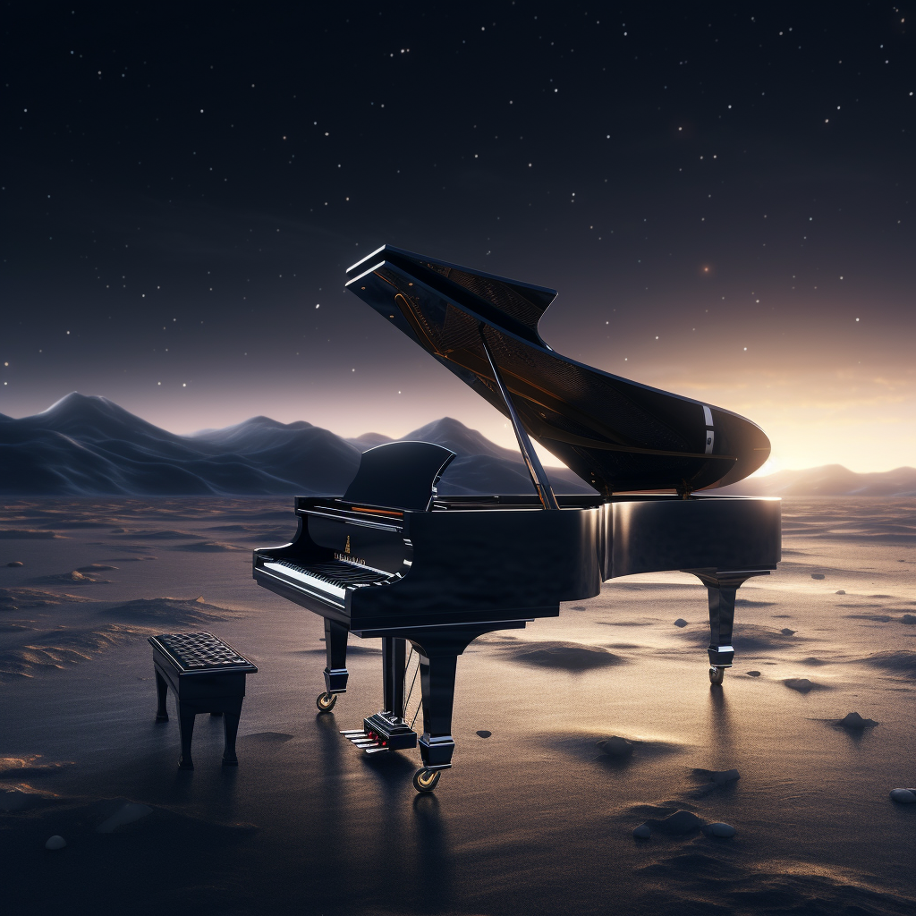 Hyper realistic interstellar piano with cinematic lighting