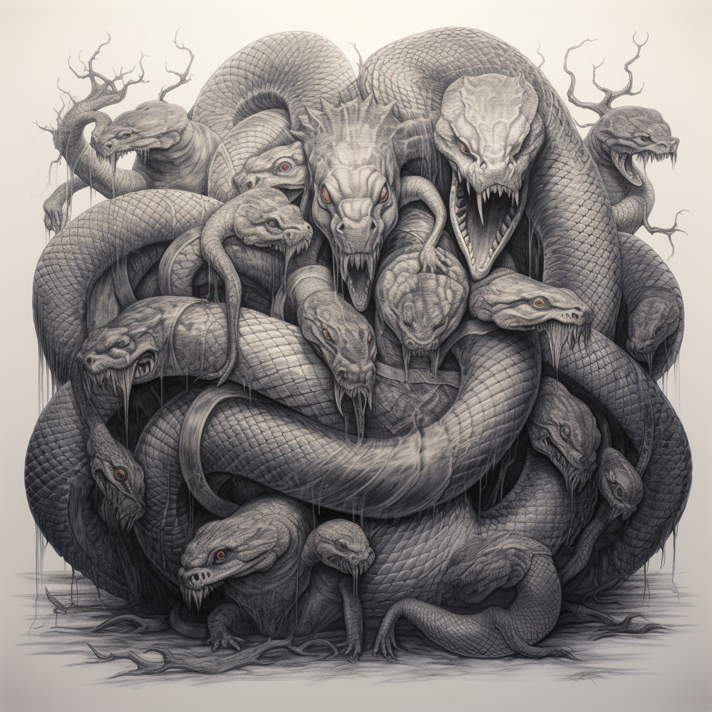 Seven fascinating intertwined snakes artwork