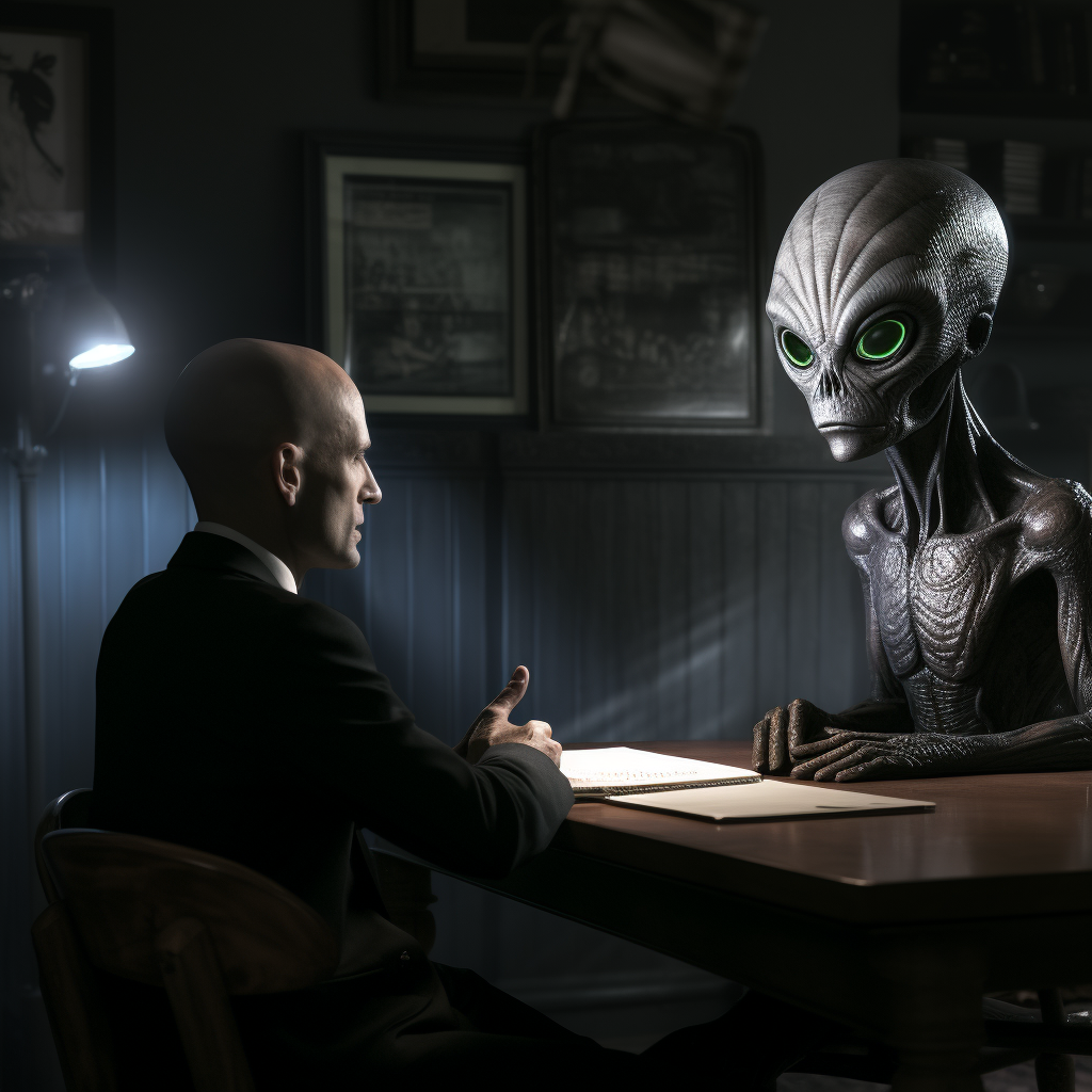 Grey alien being interviewed by FBI officer