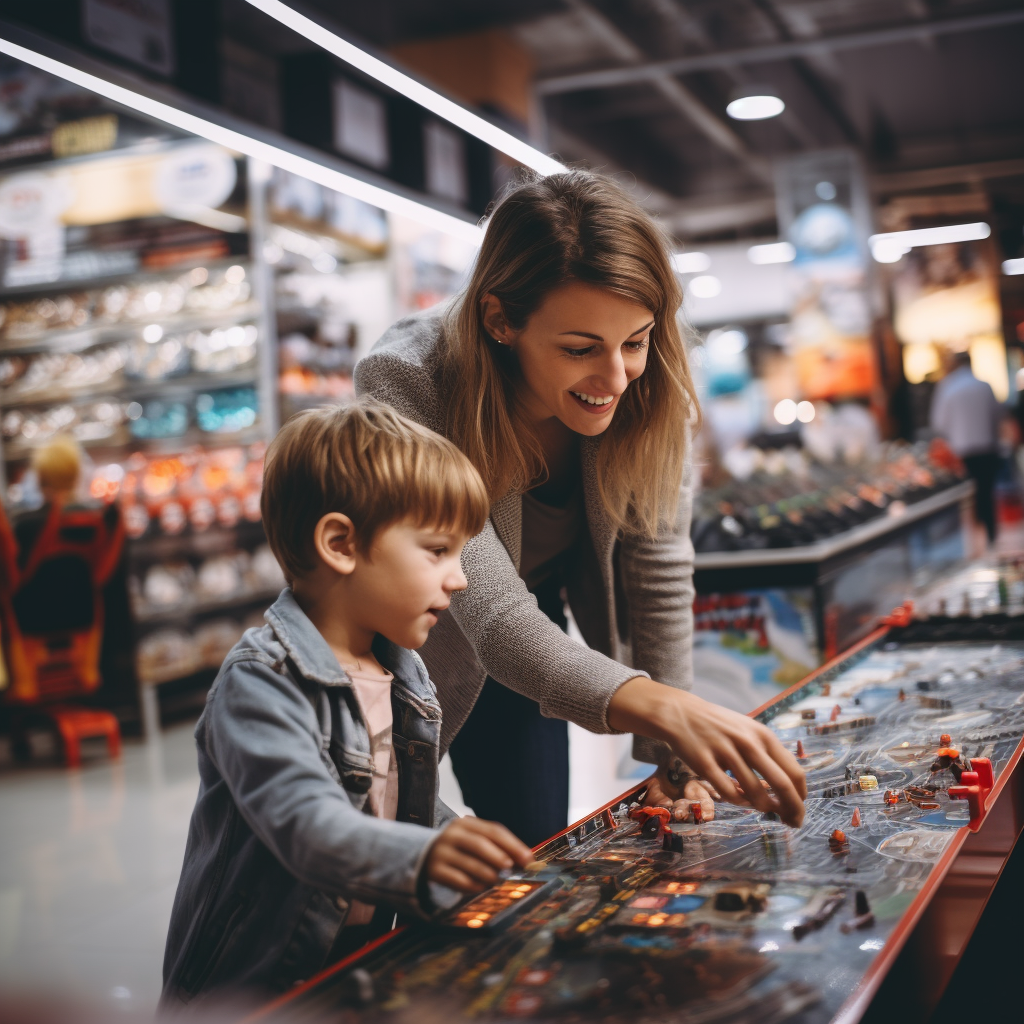 An intimidated child holding mother's hand in a game shop